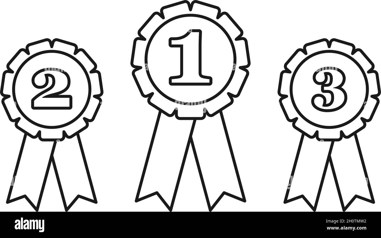 First place second place and third place rossette prize ribbons in vector outline set Stock Vector