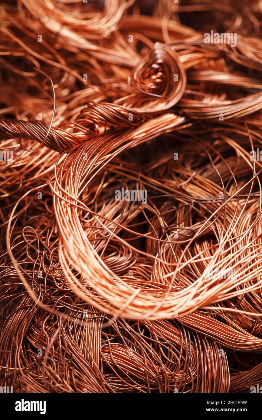 Copper wire texture background in full screen. Scrap of nonferrous
