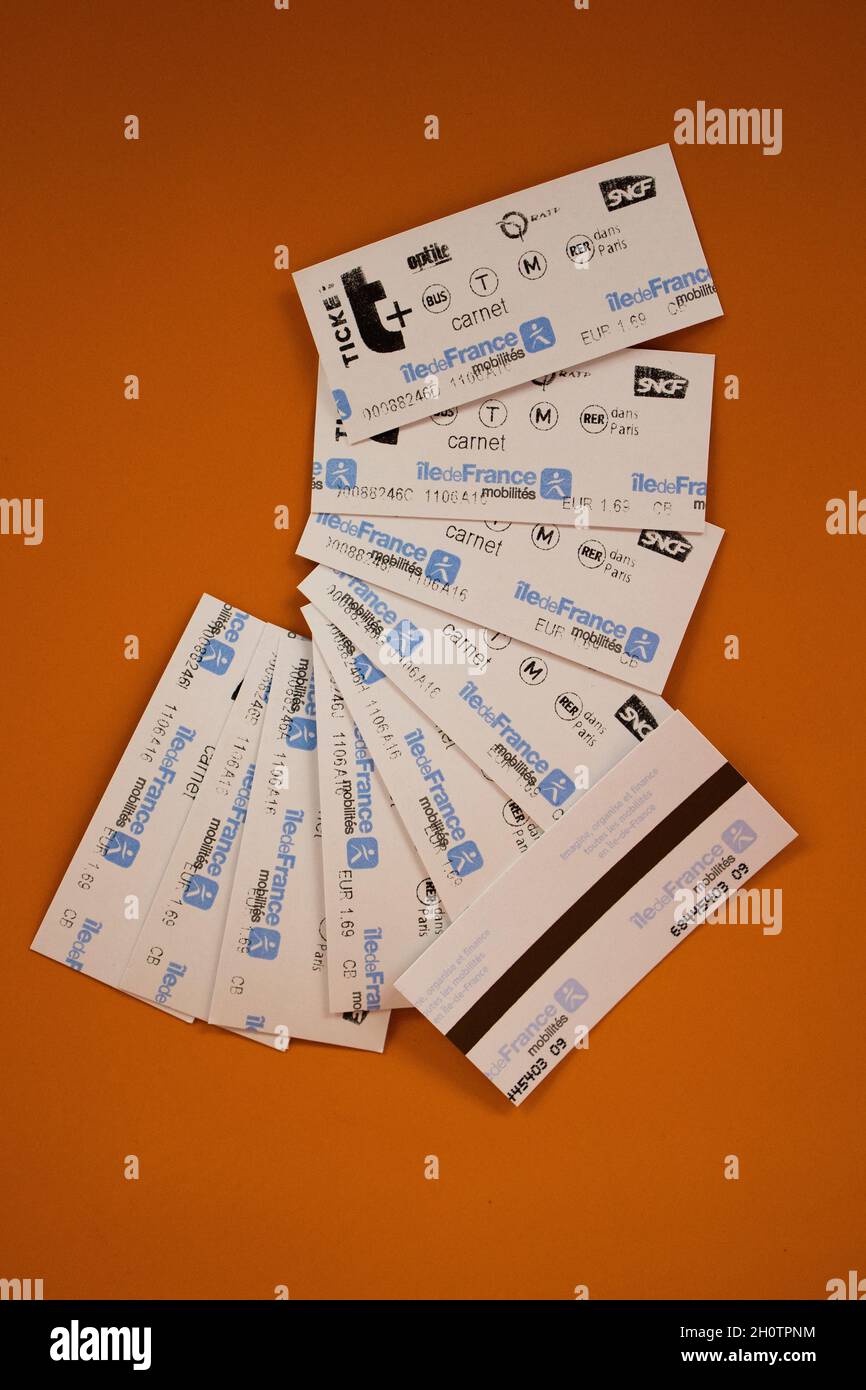 Illustration of metro tickets, in Paris, France on October 14, 2021. As