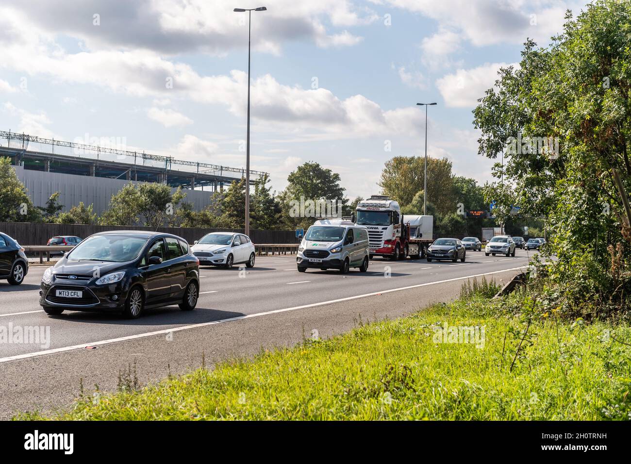 Cars, vans and lorries on the M62 motorway in the UK. Stock Photo