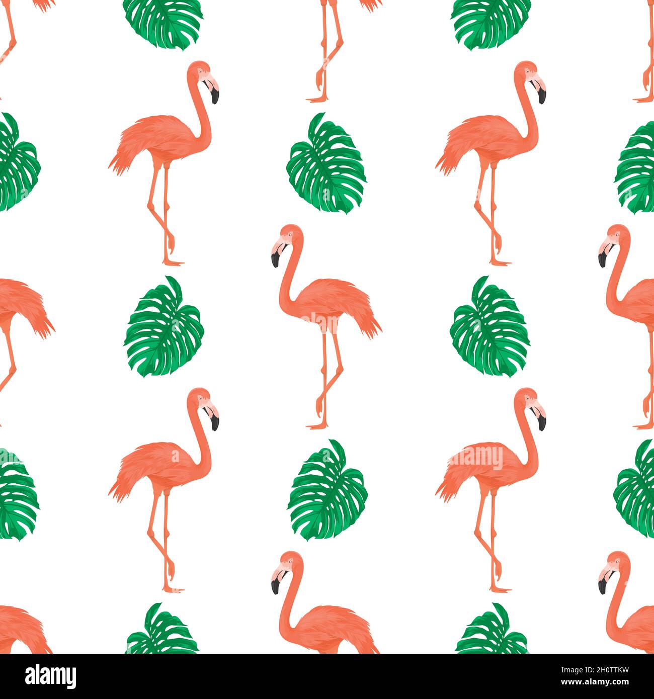 Seamless Pattern with Flamingo Bird and Tropical Leaves. Repeated ...