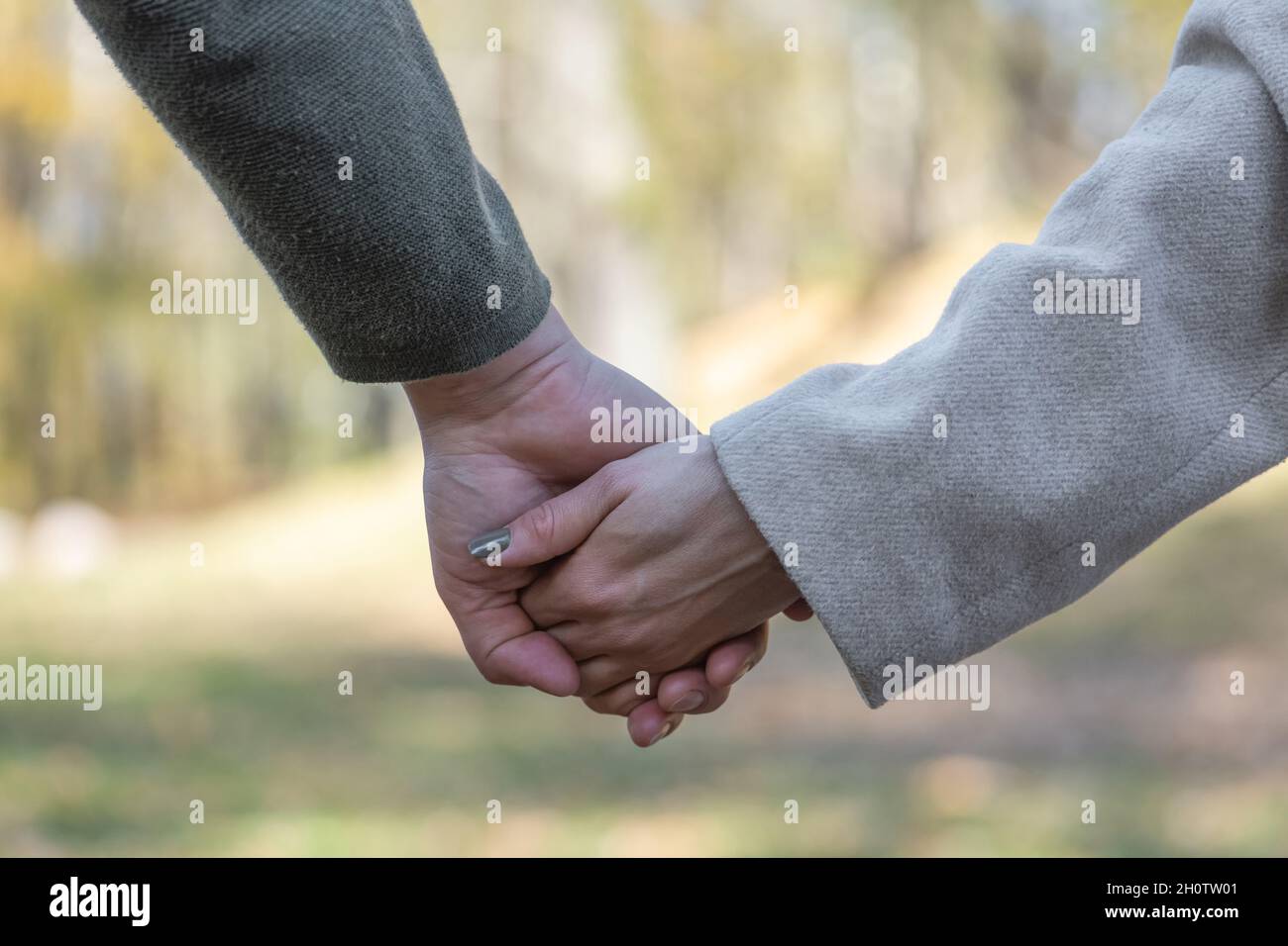 Love, relationship, nature concept. Close-up shot of man and woman holds each other hands in blurred nature background during cold and sunny day Stock Photo