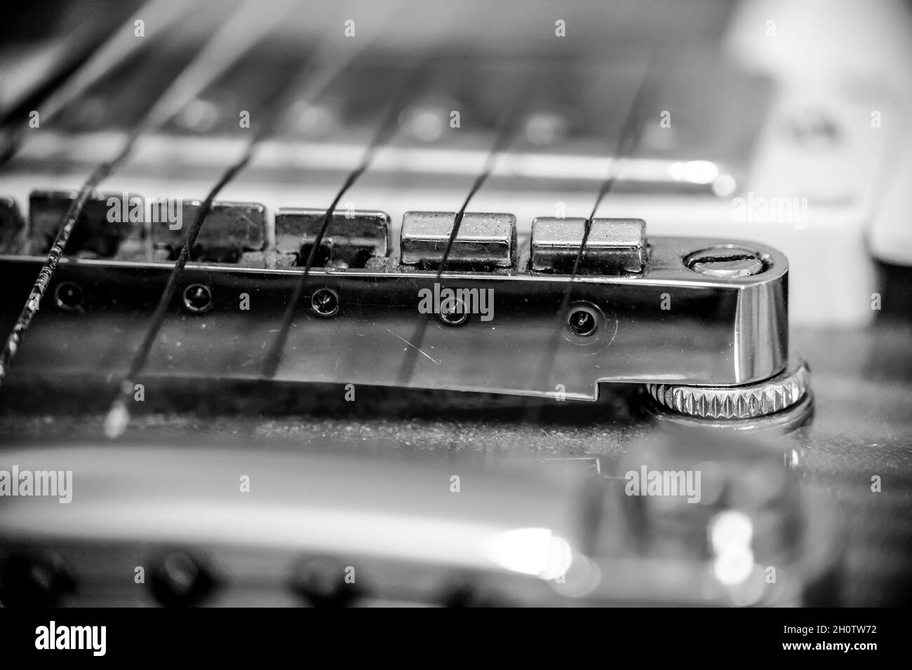Extreme close up of an electric guitar string holder in black and white