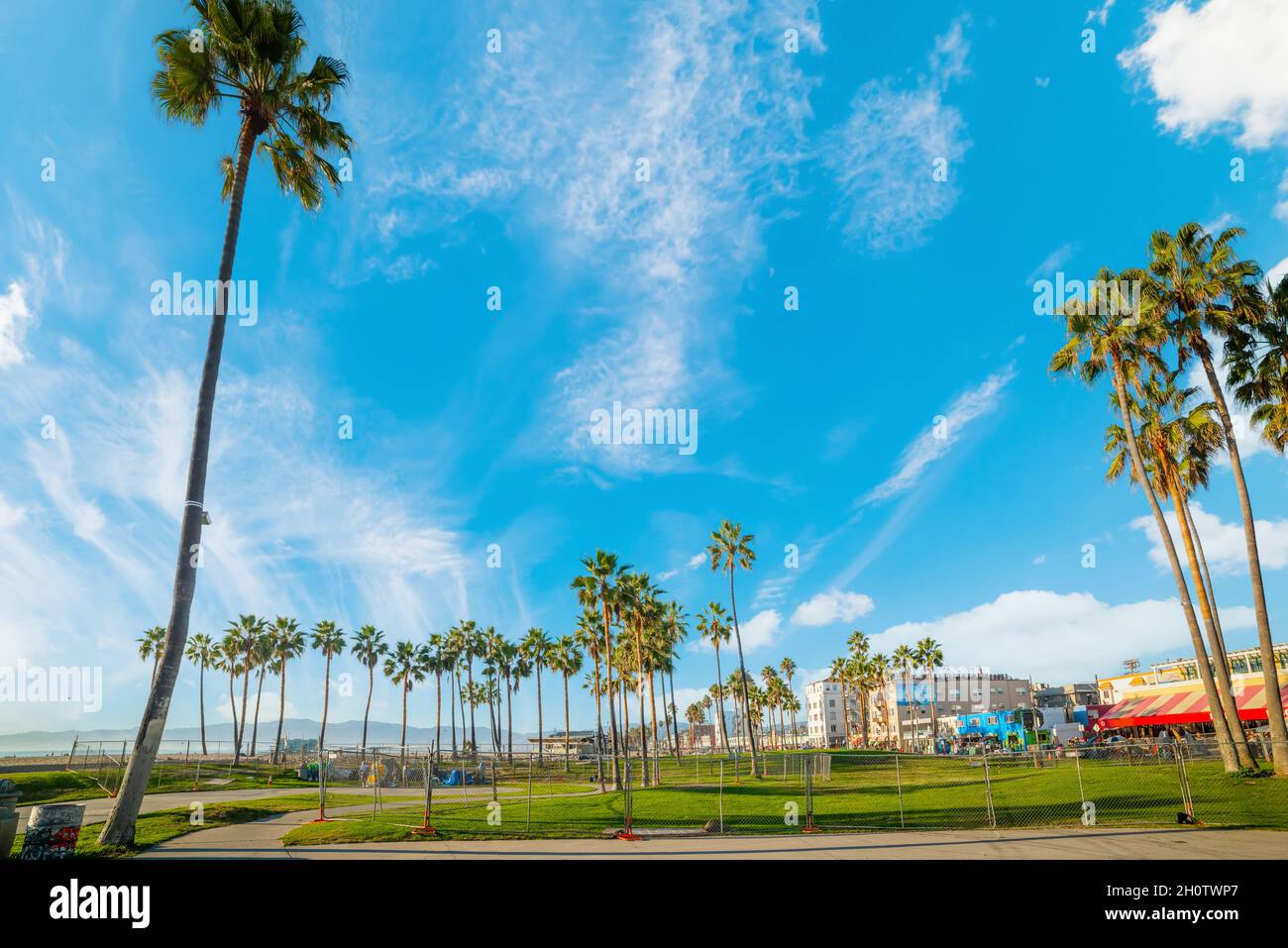 Blue sky with clouds over world famous Venice Beach in Los Angeles ...
