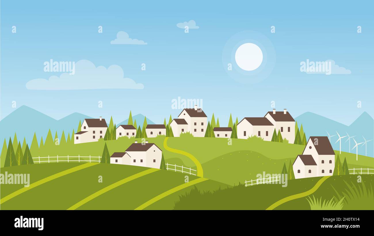 Summer landscape with village and sunrise vector illustration. Cartoon farm countryside outdoor view with farmer houses on fresh green meadow hills, mountains and sun on morning sky background Stock Vector Image & Summer landscape with village and sunrise vector illustration. Cartoon farm countryside outdoor view with farmer houses on fresh green meadow hills, mountains and sun on morning sky background Stock Vector Image &