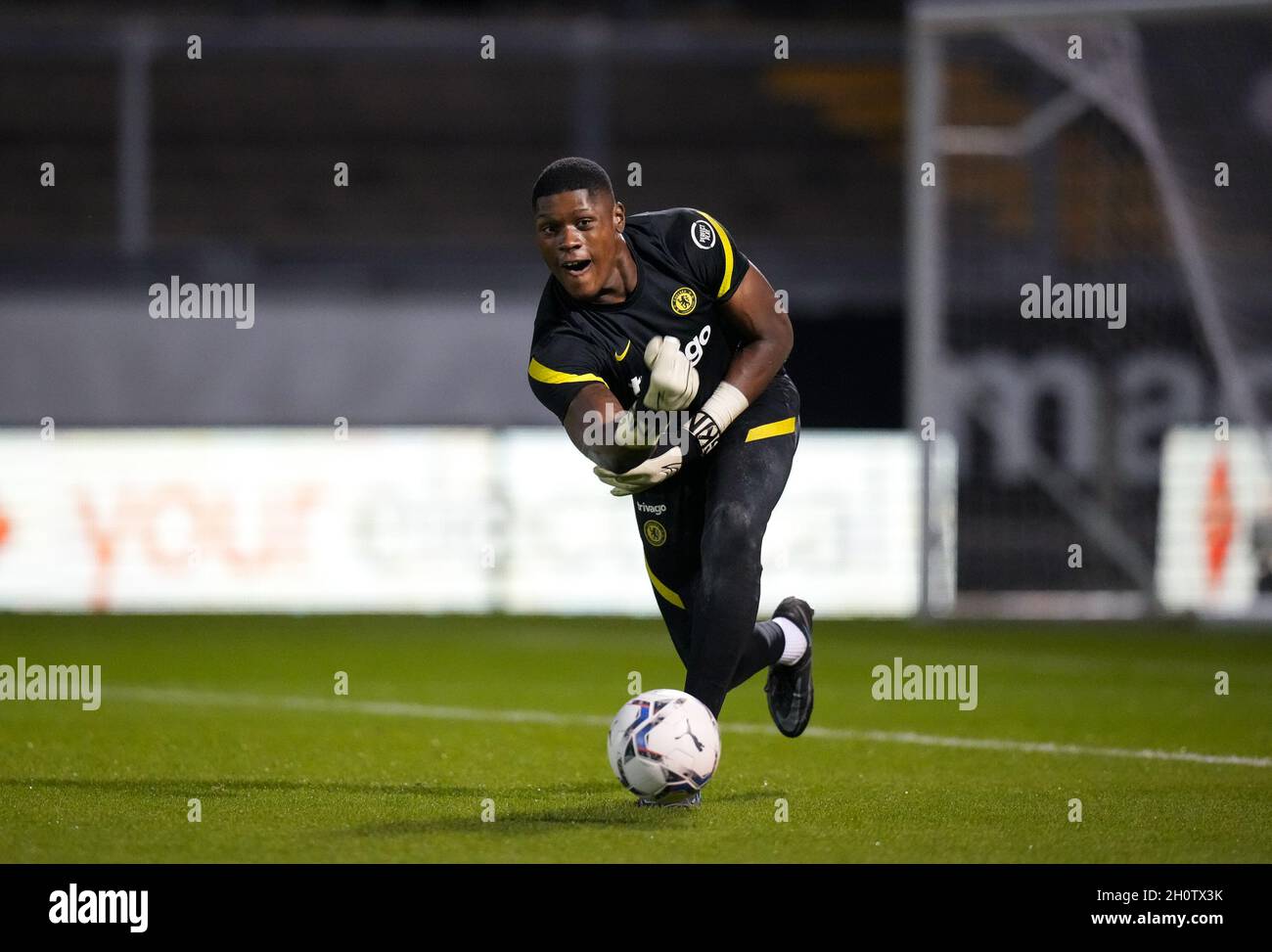 Bristol, UK. 13th Oct, 2021. Goalkeeper Prince Adegoke of Chelsea U21 pre  match during the EFL 'Papa John's' Trophy match between Bristol Rovers and  Chelsea U21 at the Memorial Stadium, Bristol, England