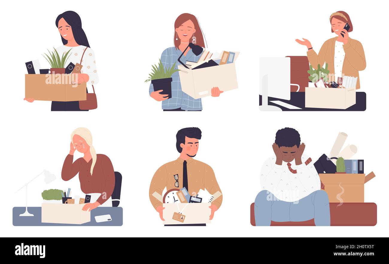 Employee replacement, dismissal vector illustration set. Cartoon young sad or happy business people dismissed from job, holding box of things, man woman fired staff characters leave office isolated Stock Vector