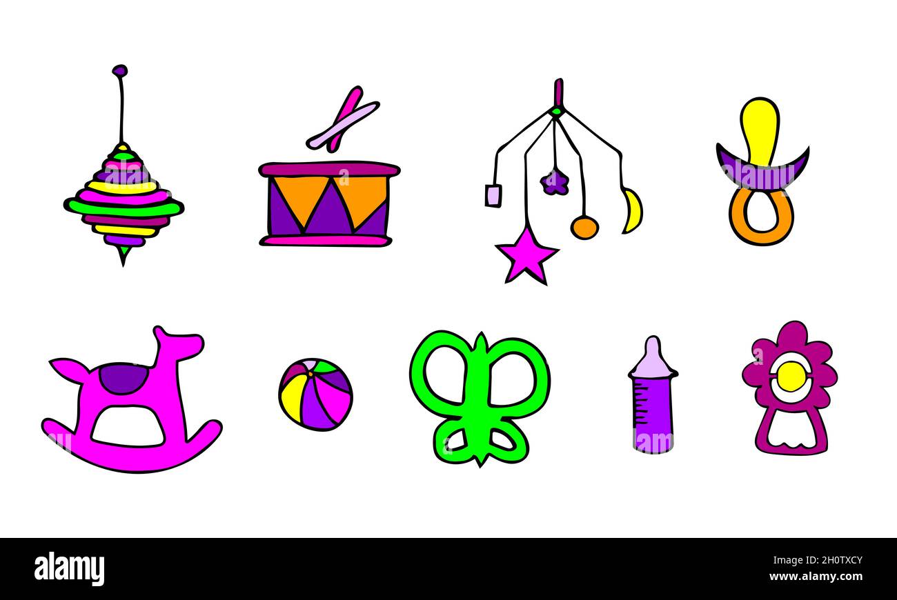 Colorful set of hand drawn icons with kids toys. Stock Vector