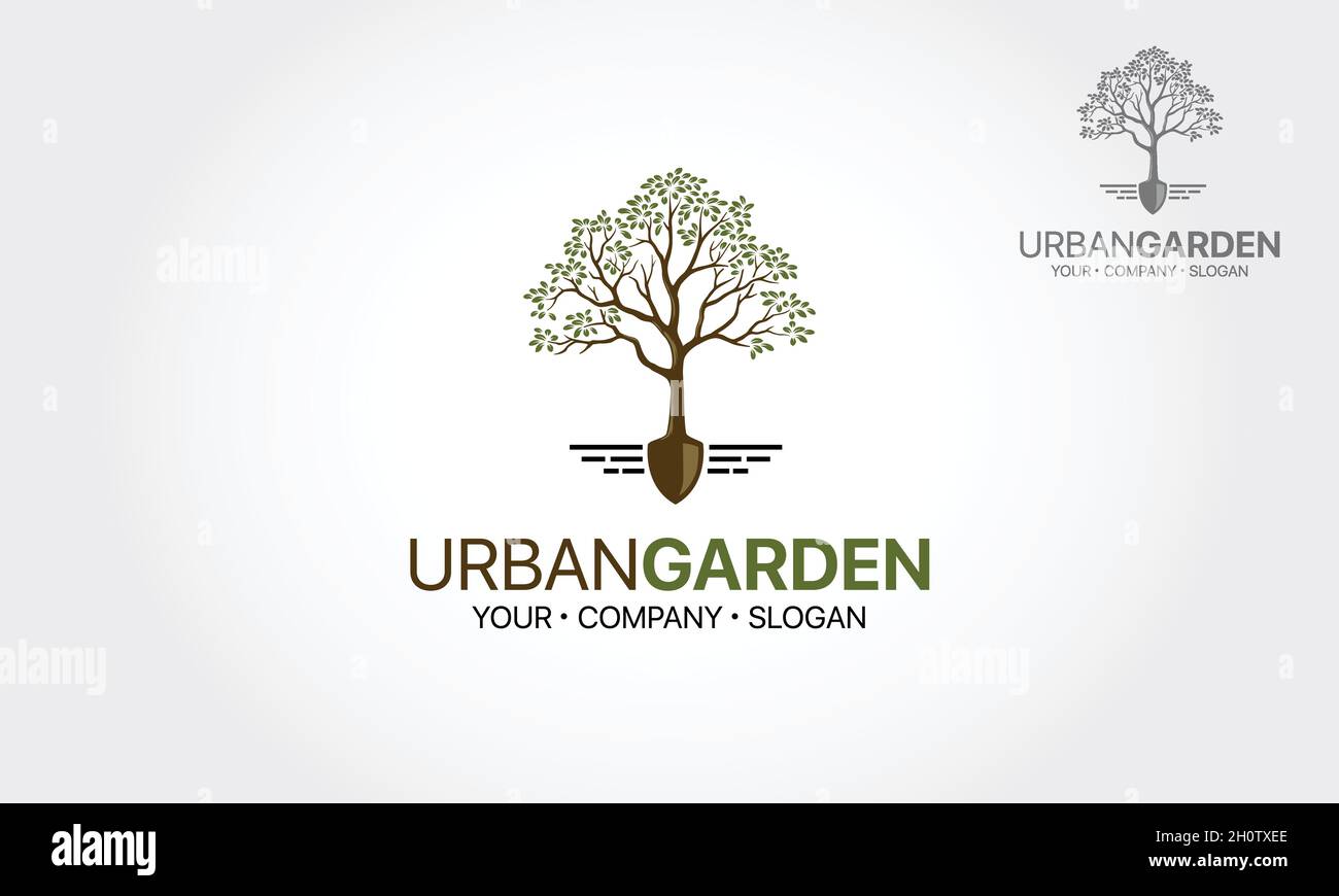 Urban Garden Tree shovel Vector Logo Template. A natural logo that can be used for landscaping, gardening, indoor gardening, farming, agriculture, etc. Stock Vector