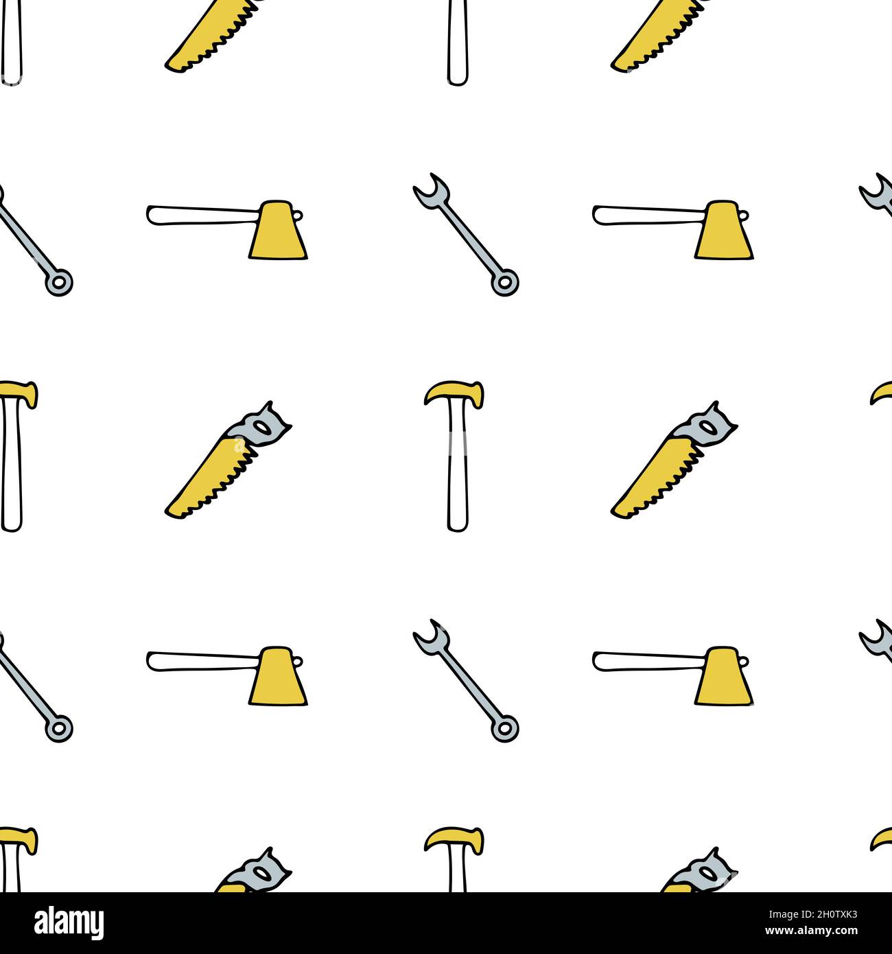 Seamless pattern with repair tools, hatchet, ax, pliers, saw, box wrench.  Stock Vector