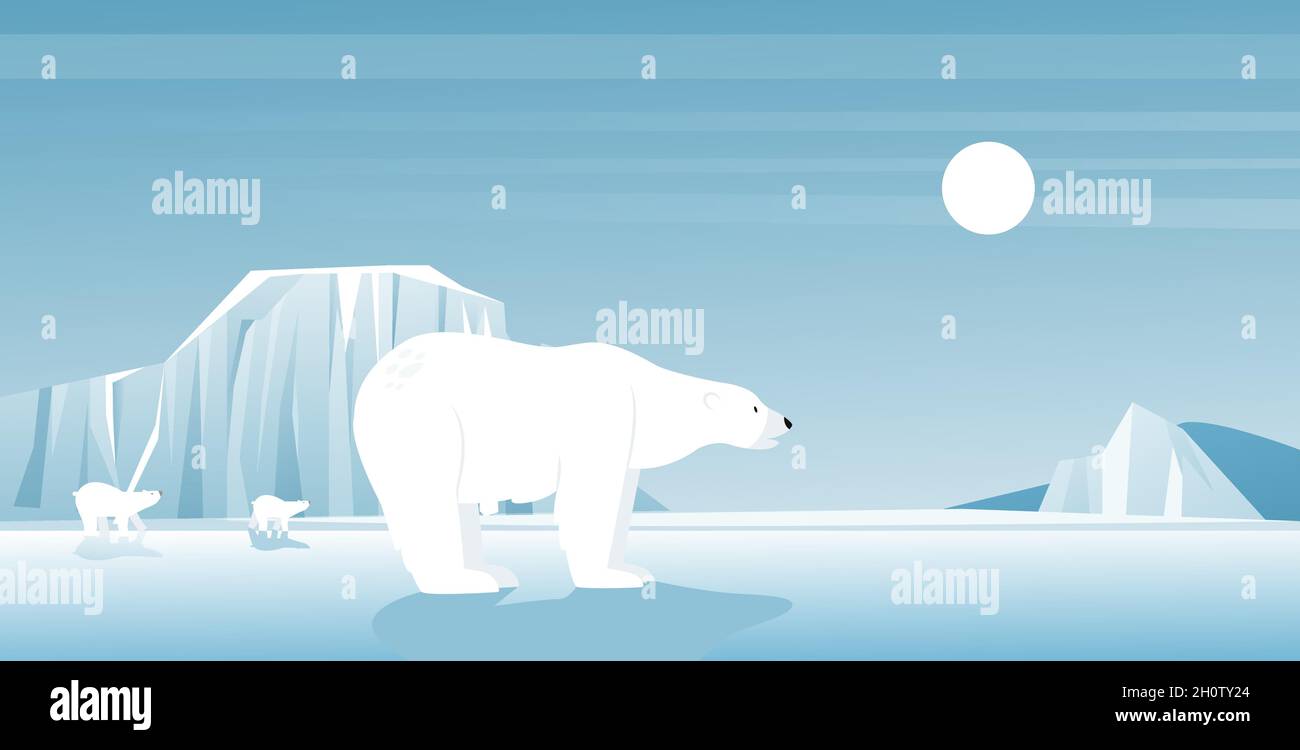 Polar bear in ice arctic or antarctic landscape, north winter scene vector  illustration. Cartoon cute frost