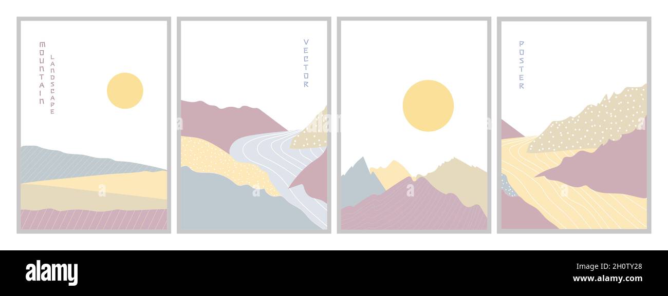 Set of abstract mountain landscape posters. Vector illustration Stock