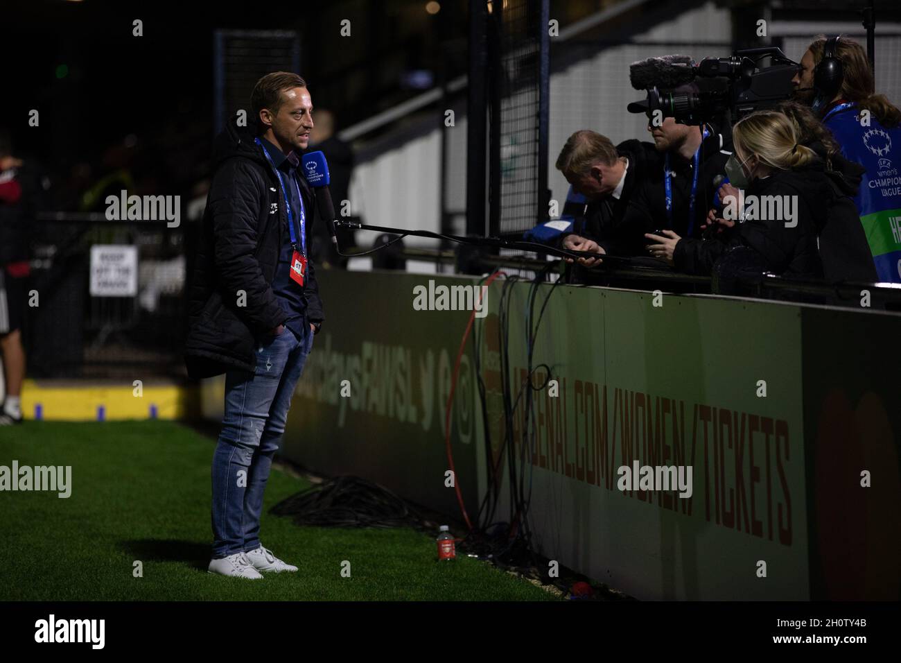 London, UK. 14th Oct, 2021. Gabor Gallai (Hoffenheim Coach) gives pre-match interview at the Womens Champions League group stage game between Arsenal and TSG 1899 Hoffenheim at Meadow Park in