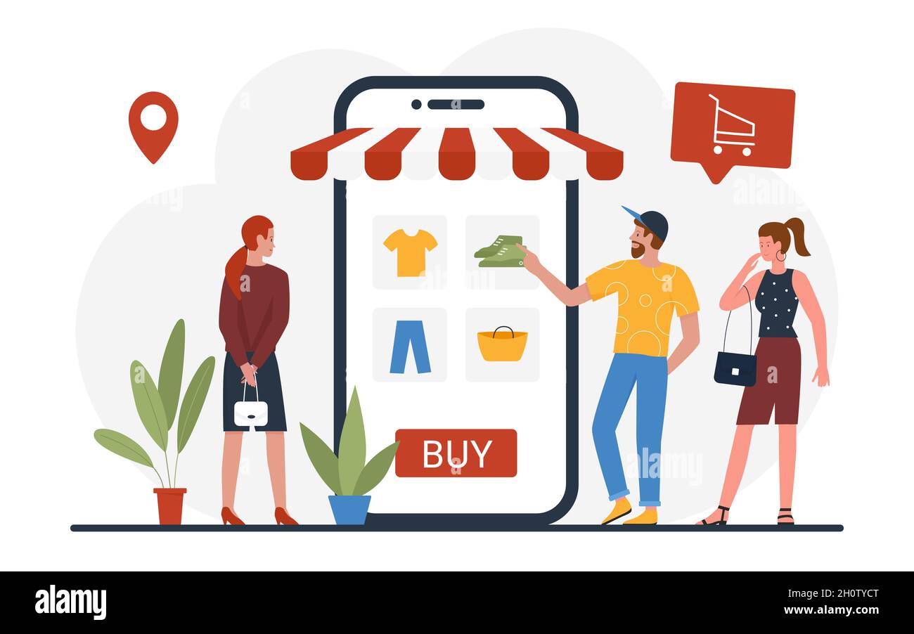 People shopping, buy online via smartphone app vector illustration. Cartoon customer man and woman characters trying clothes in fashion store. Ecommerce, digital shopping service isolated on white Stock Vector Image & Art - People shopping, buy online via smartphone app vector illustration. Cartoon customer man and woman characters trying clothes in fashion store. Ecommerce, digital shopping service isolated on white Stock Vector Image & Art -