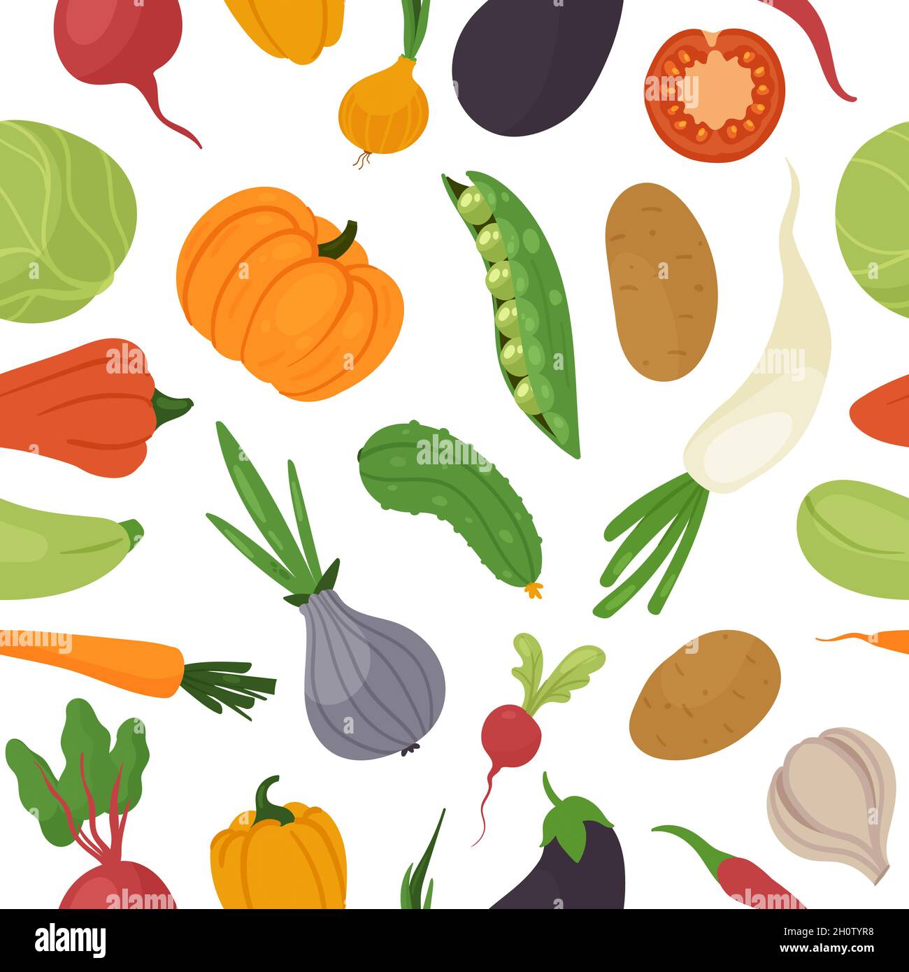 Vegetable healthy organic food menu for vegetarian diet seamless pattern vector illustration. Cartoon fresh vegetables for cooking, carrot onion tomato cucumber radish pumpkin potatoes background Stock Vector