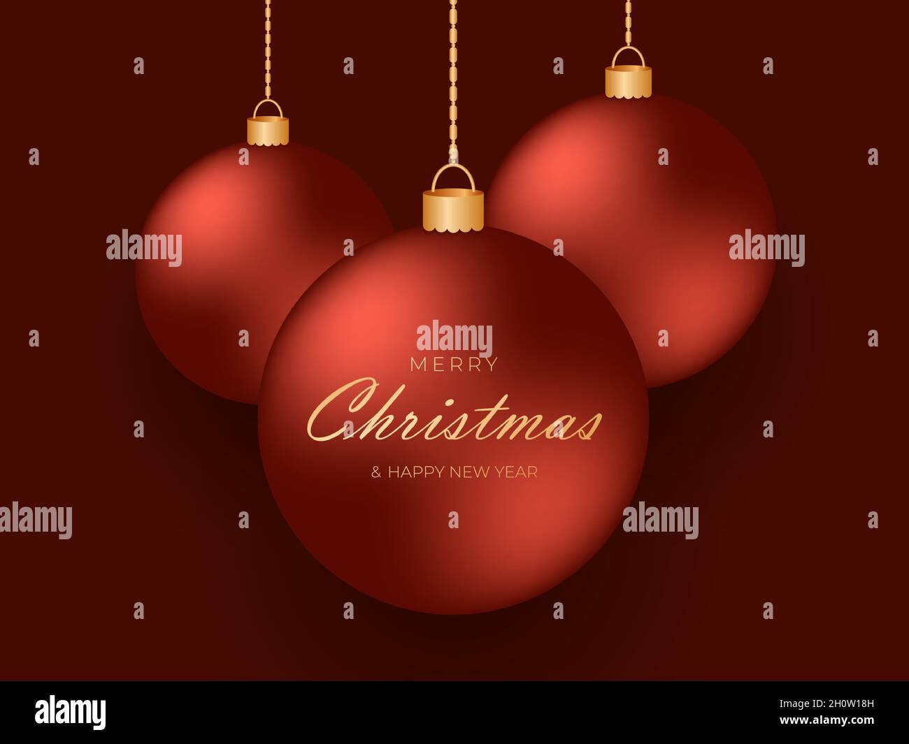 Red festive christmas balls hanging on gold chains on a dark red background Stock Vector