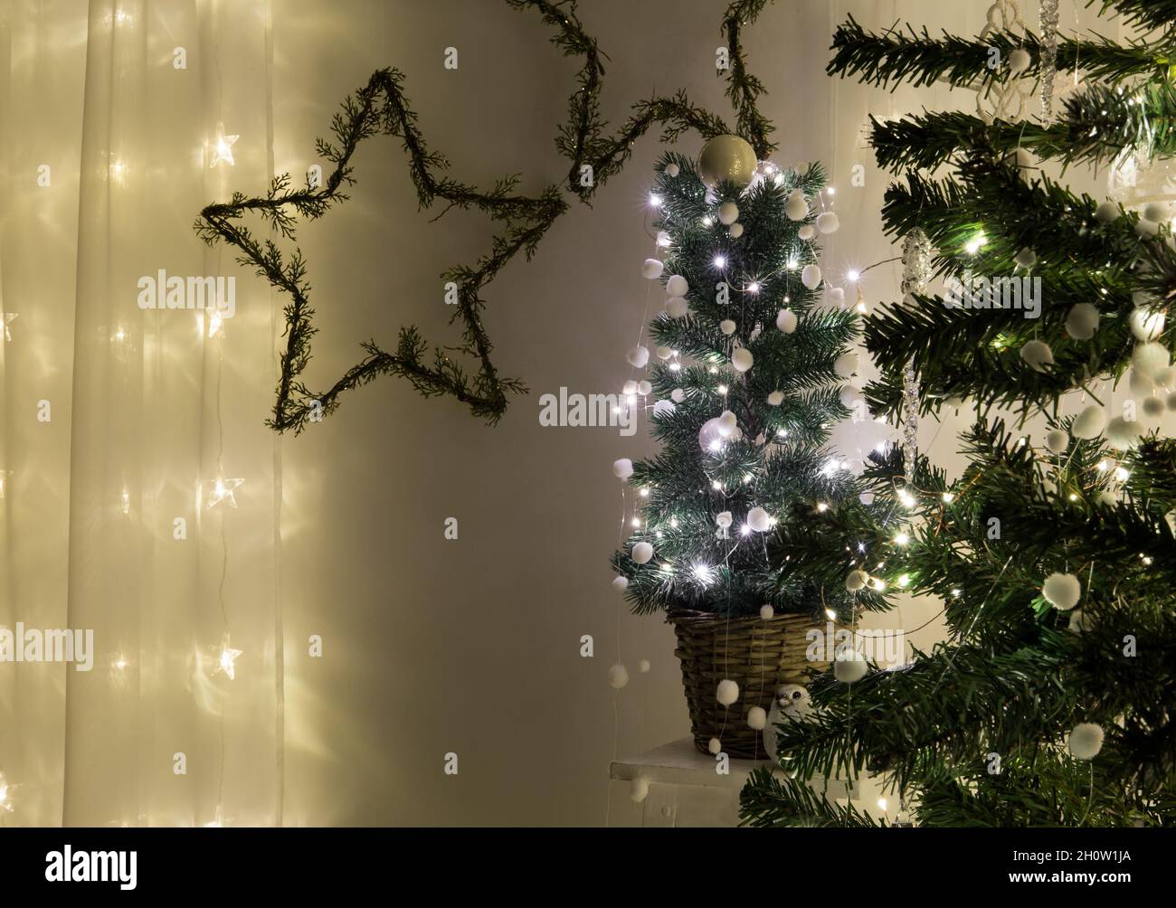 Cute potted Christmas tree decorated with wire micro led lights and small white decorative balls pom poms or felt ball garland indoors at night. Stock Photo