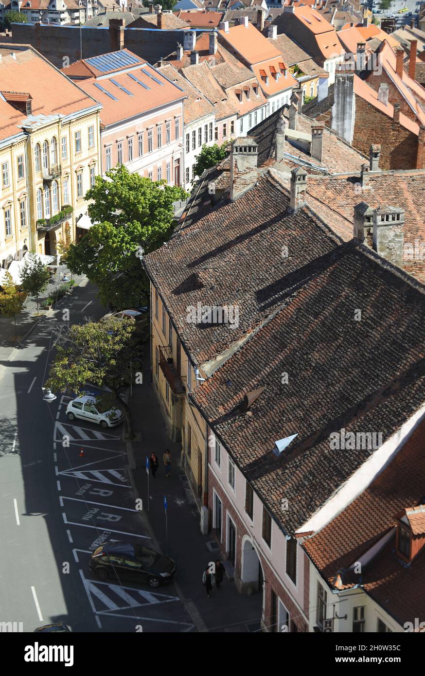 view of a typical street in the center of romanian city sibiu