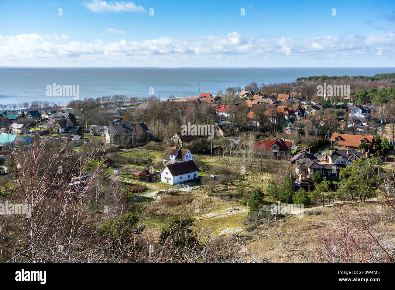 Morskoye village, Kaliningrad region, Curonian Spit, Russia, February 24, 2020. Nature park reserve. Coastal village, single-storey houses. Top view. Stock Photo
