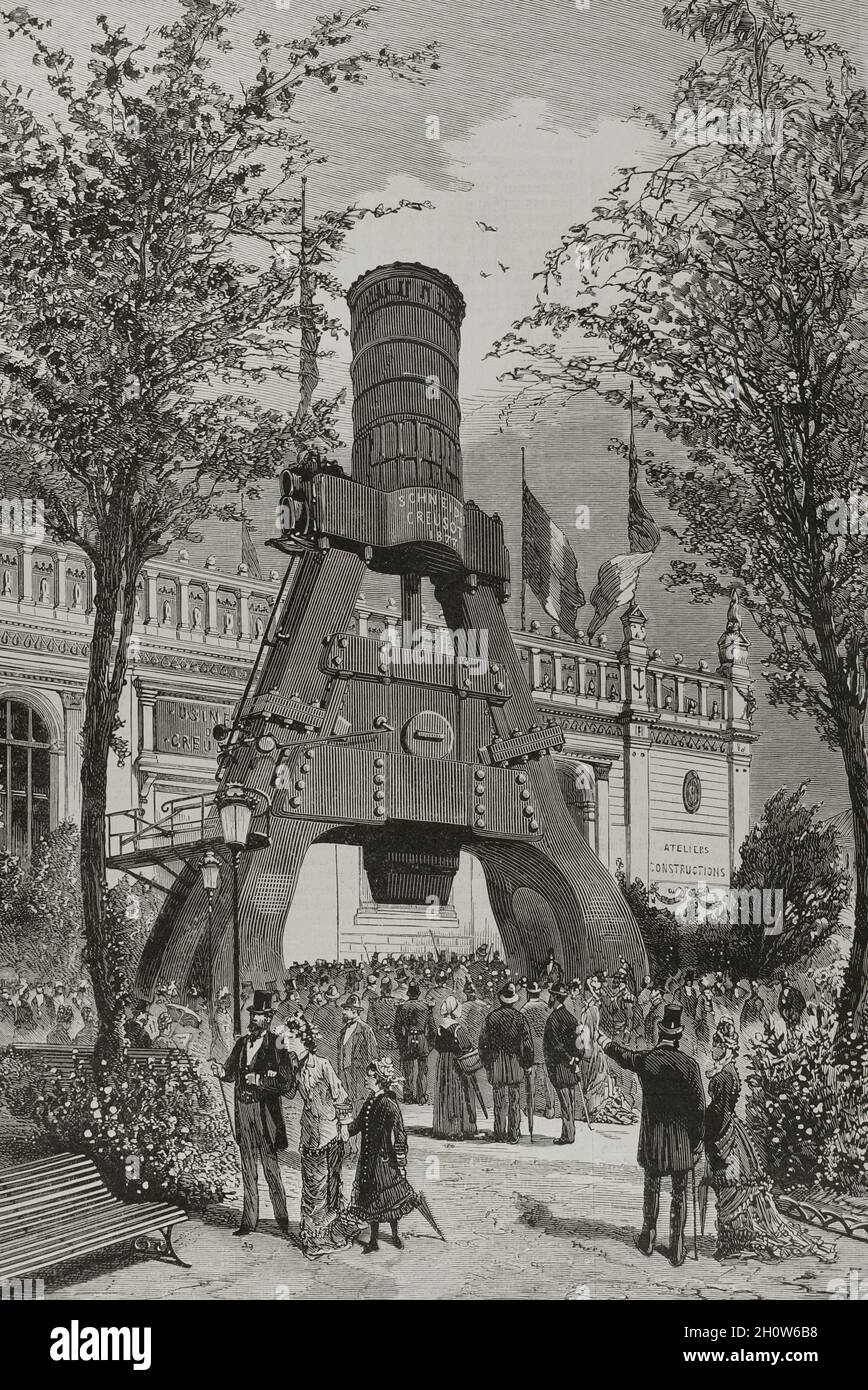 History of France. Paris. Universal Exhibition of 1878. It was held from May 1 to November 10, 1878. The Creusot Steam Hammer presented by the Creusot factory at the Trocadero Garden. A full-scale wooden replica of the towering hammer was built and displayed at the event. Engraving. La Ilustración Española y Americana, 1878. Stock Photo