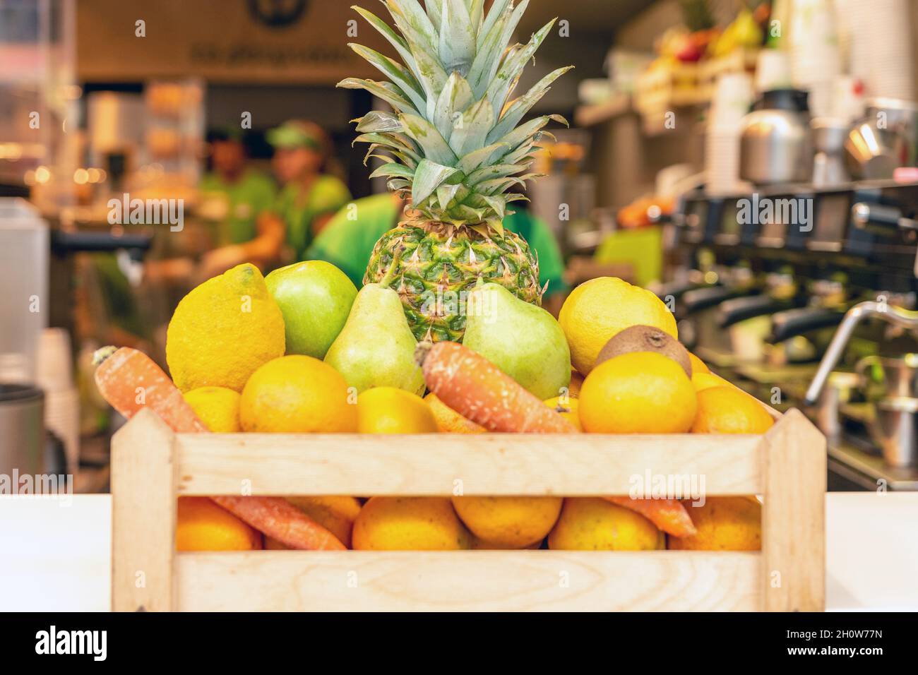 Different fruits in wooden box. Nature background Stock Photo - Alamy