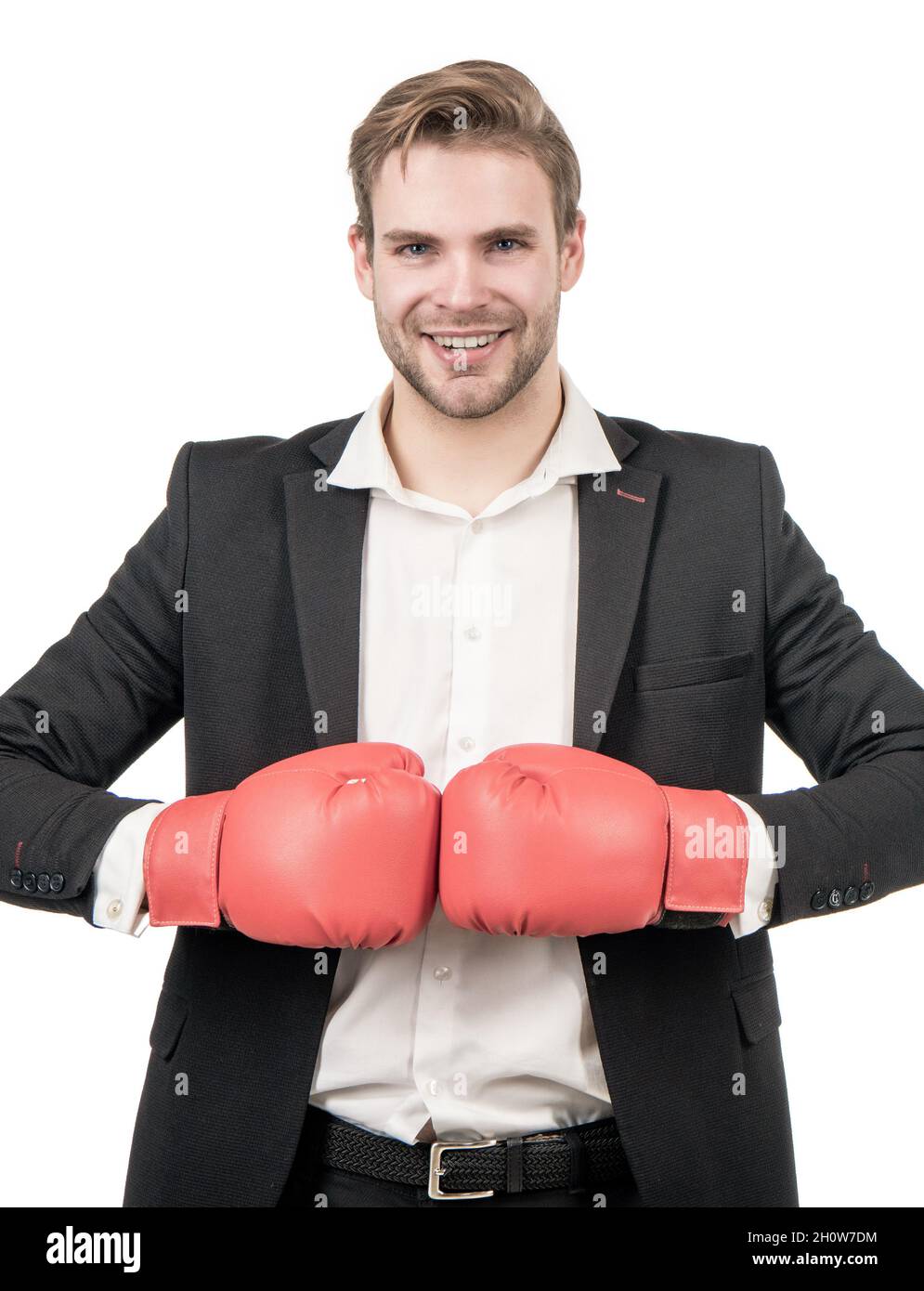 Keep fighting the good fight. Happy businessman hold boxing gloves