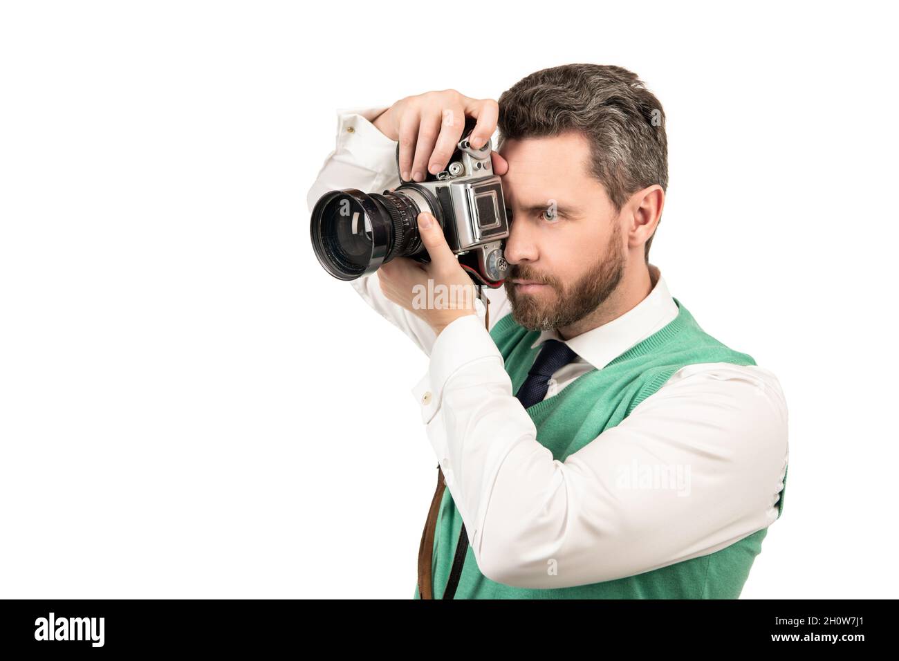 male photographer. copy space. man photographing. guy holding photo camera. Stock Photo