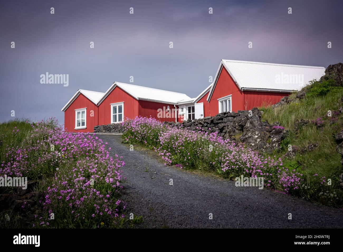 Hafnarfjordur, Iceland July 17, 2021 Three traditional red houses with white roofs in