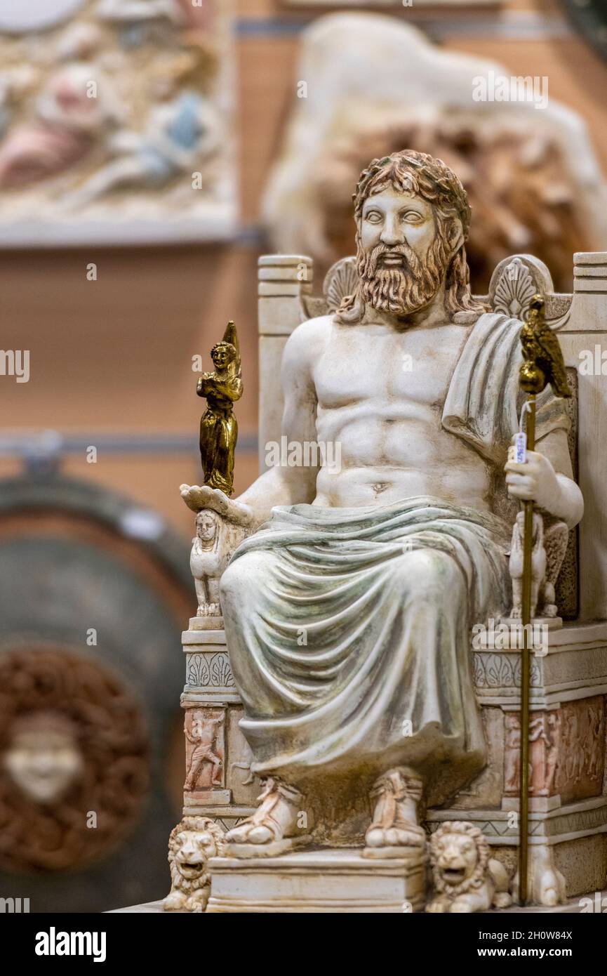 model of a greek god or philosopher in a gift shop on zante zakynthos greece. souvenirs shop of gift shop model sculture statur of a greek philosopher Stock Photo