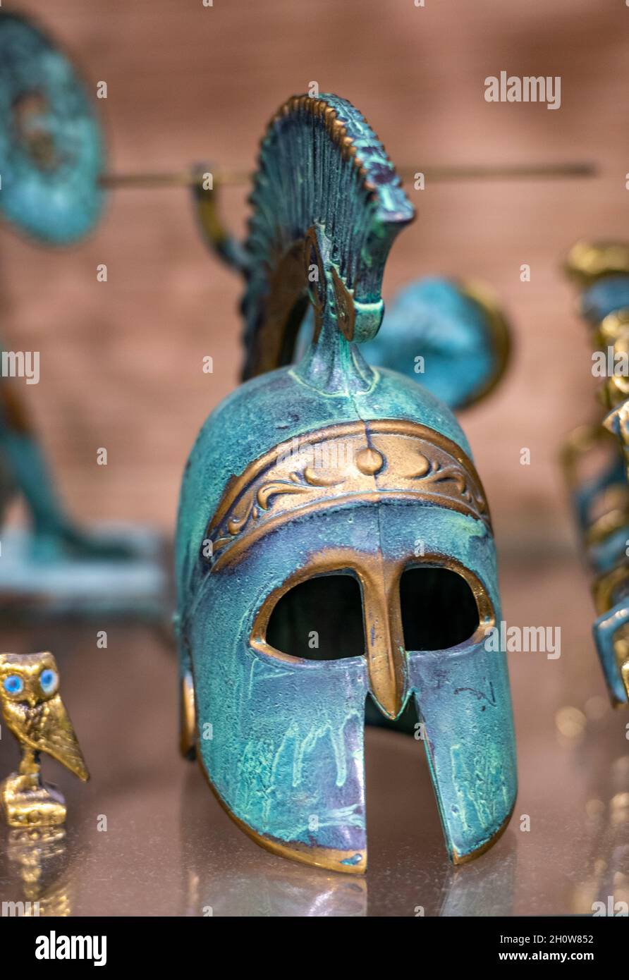 greek warior's helmet from the mythological period. greek war helmet antique, antiquities greece fighter helmet. traditional heritage antiquity greek. Stock Photo