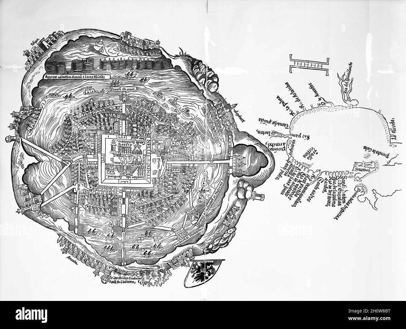 Old map of the ancient Aztec capital city of Tenochtitlan, Mexico. Now the historic center of Mexico City. Stock Photo