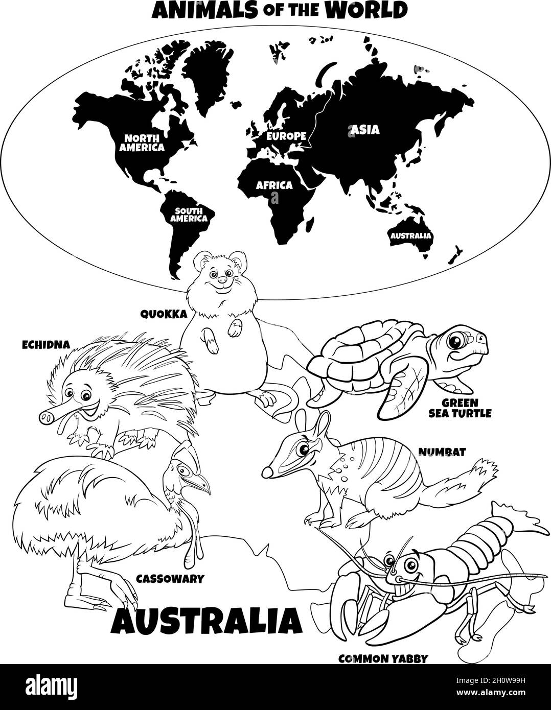 Black and white educational cartoon illustration of typical Australian animal species and world map with continents coloring book page Stock Vector