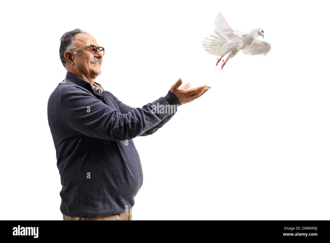 Mature man smiling and letting a white dove fly isolated on white background Stock Photo