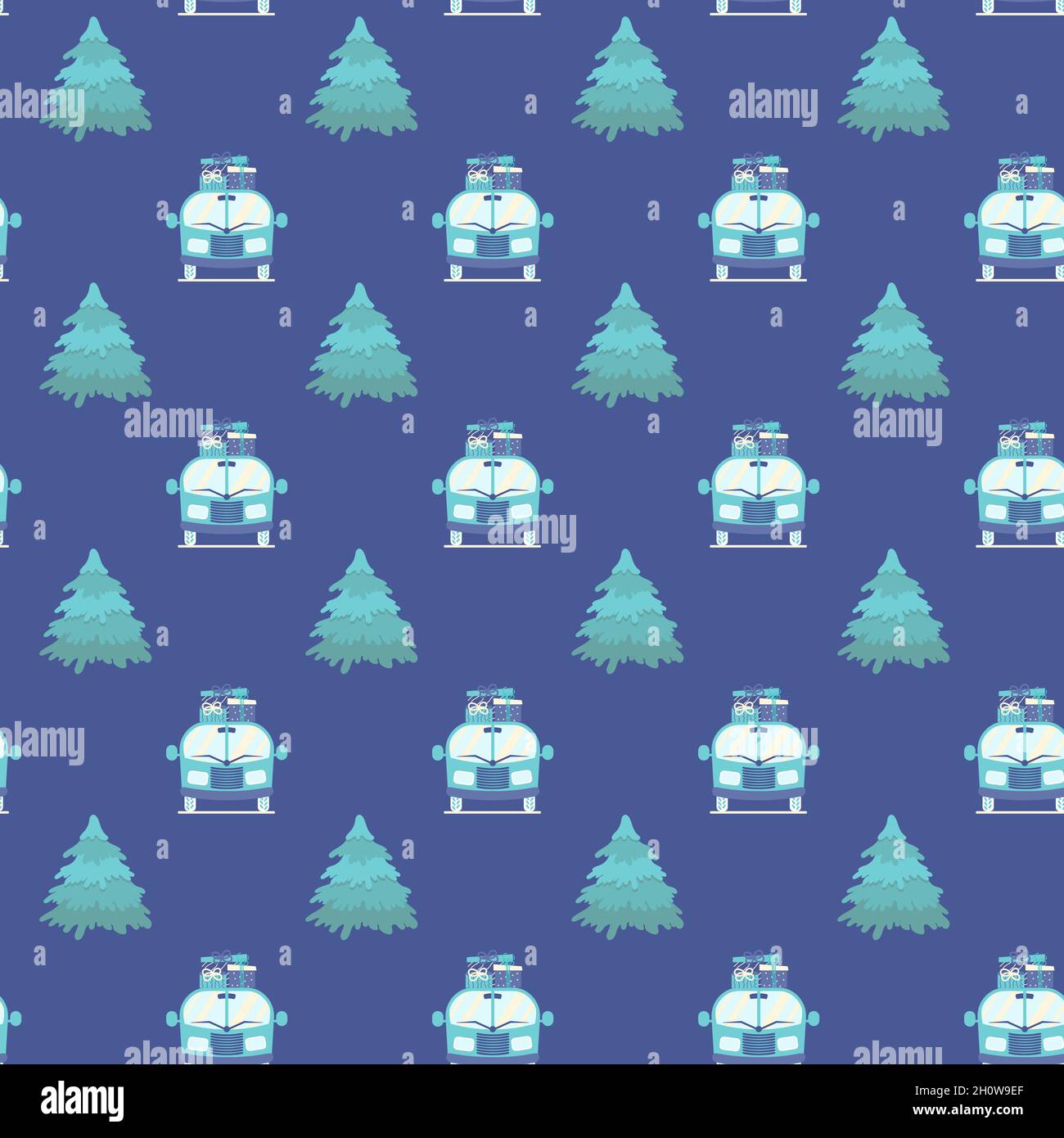 Car delivering gift boxes seamless pattern. Festive Christmas background. Present transportation Stock Vector