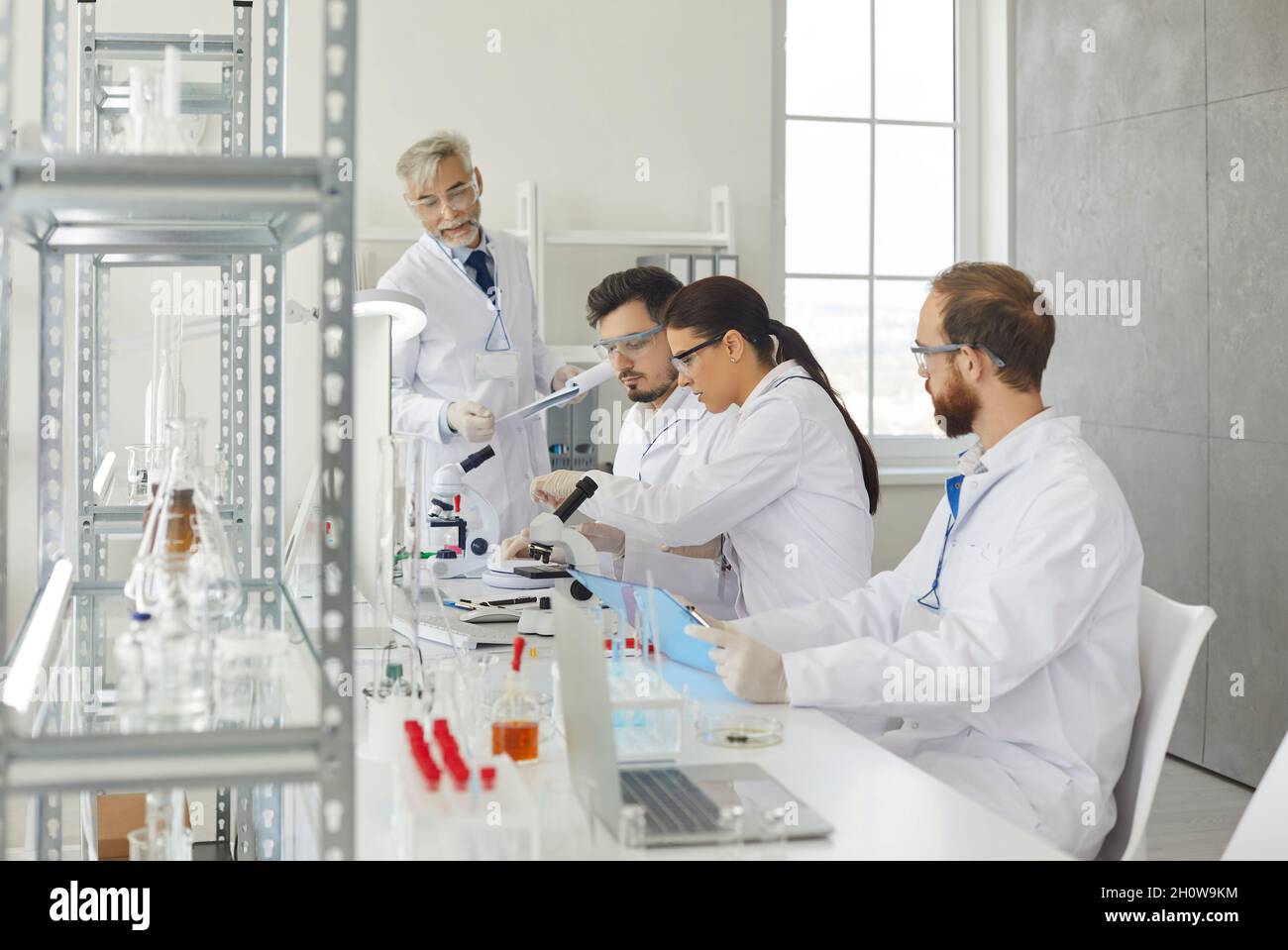 Group of different medical scientists work together in a modern