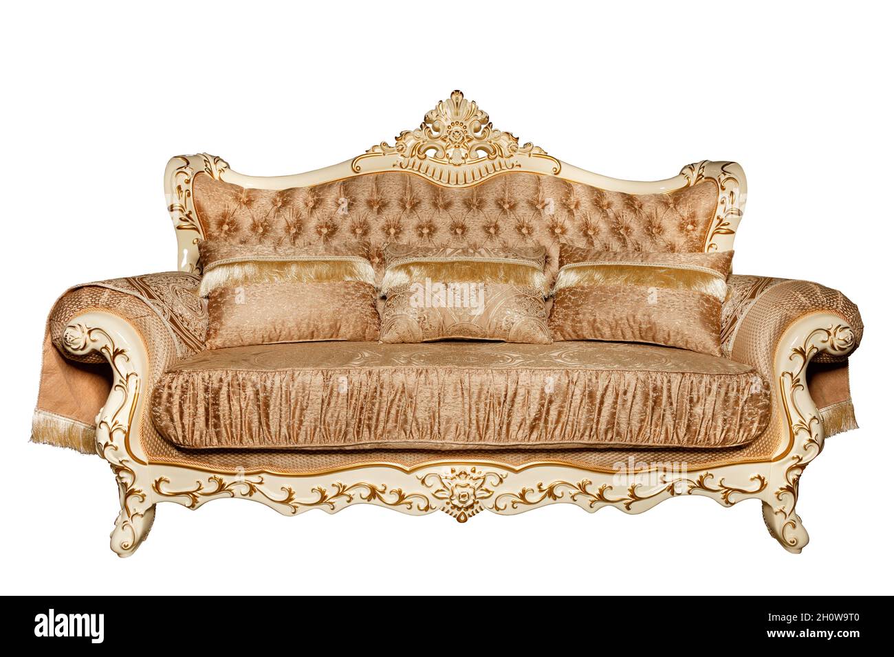 Luxurious sofa upholstered in an expensive light brown brocade textile, isolated on a white background. Stock Photo