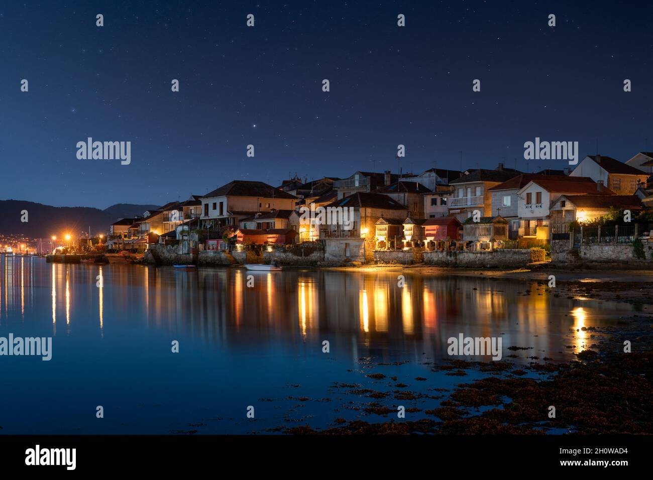 Combarro, beautiful fishing village at night in Galicia, Spain. Stock Photo