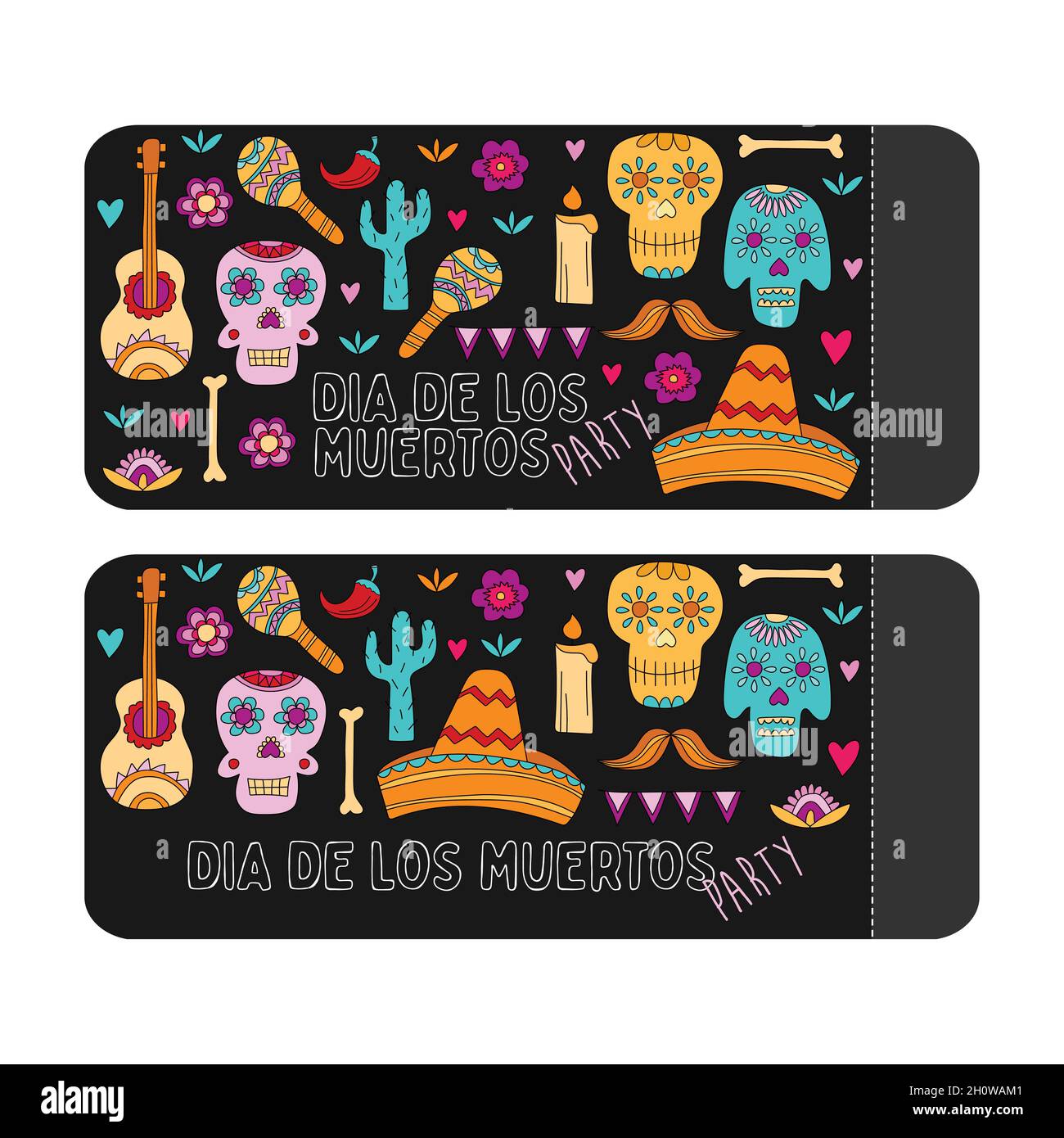 Day of the dead, Dia de los muertos, banner with colorful Mexican elements. Holiday poster, party flyer set, funny greeting card Stock Vector