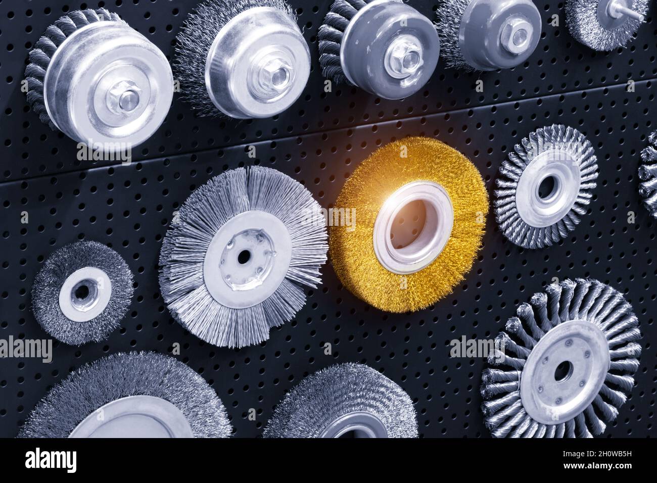 Set of various disk brushes. Round brushкы with metal pile or bristles