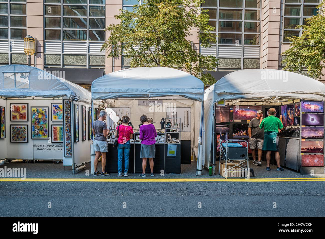 Reston, VA, USA Sept 10, 2021. People browse art exhibits on display