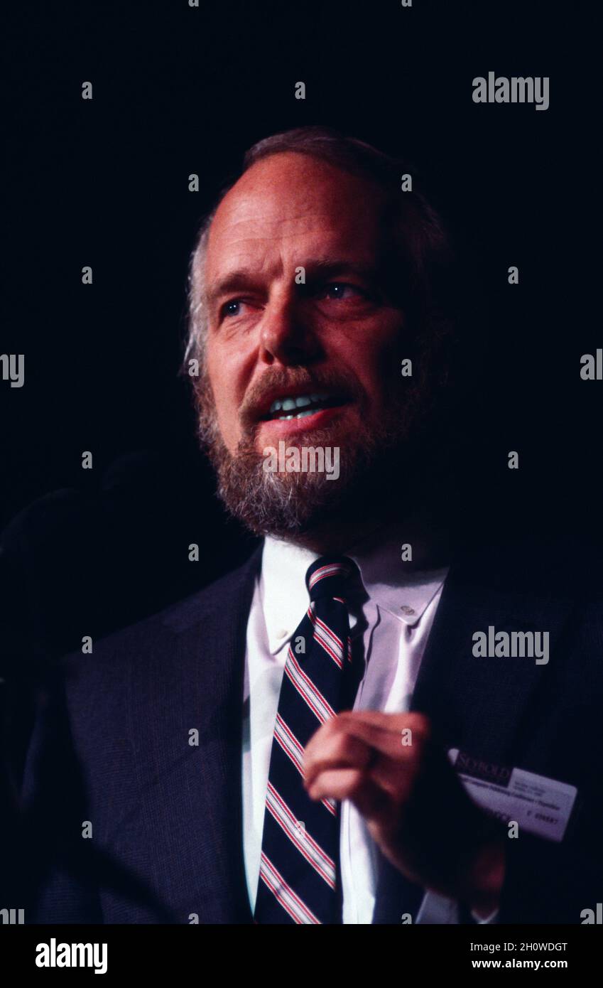 John Warnock, born 1940, co-founder of Adobe Systems Inc. speaking at the 1990 Seybold Conference in San Francisco, California. Stock Photo