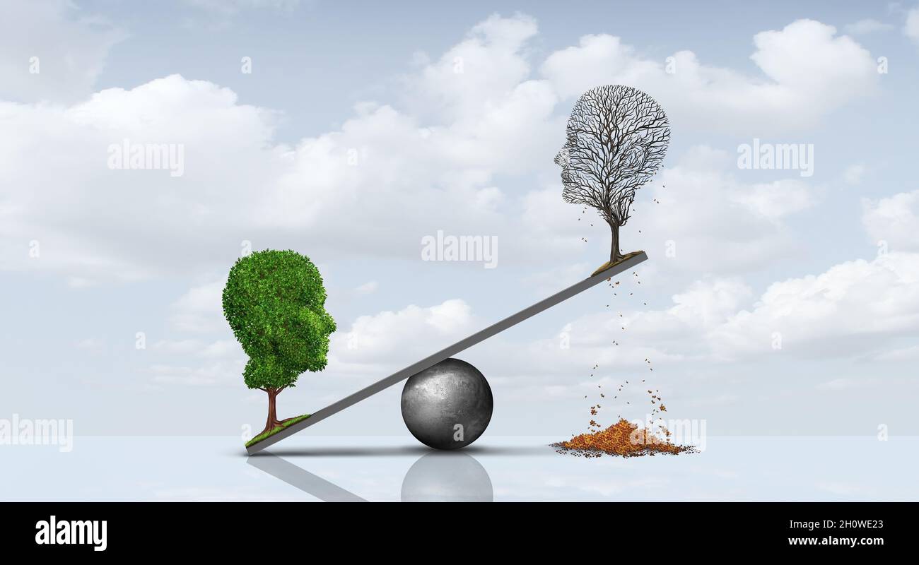 Emotions and human mood disorder concept as a tree shaped as two human faces with one half full of leaves and the opposite side empty as a medical. Stock Photo