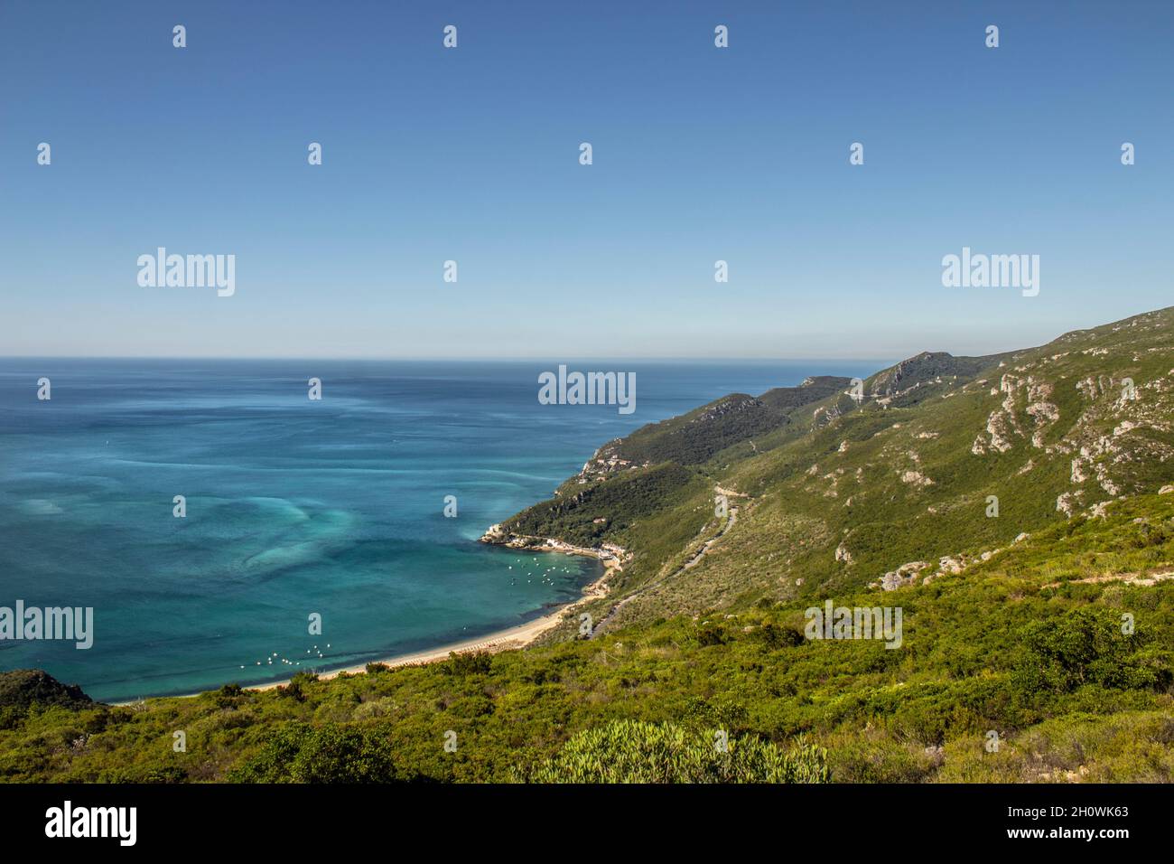 View from the mountains to the ocean at Serra da Arrábida Stock Photo