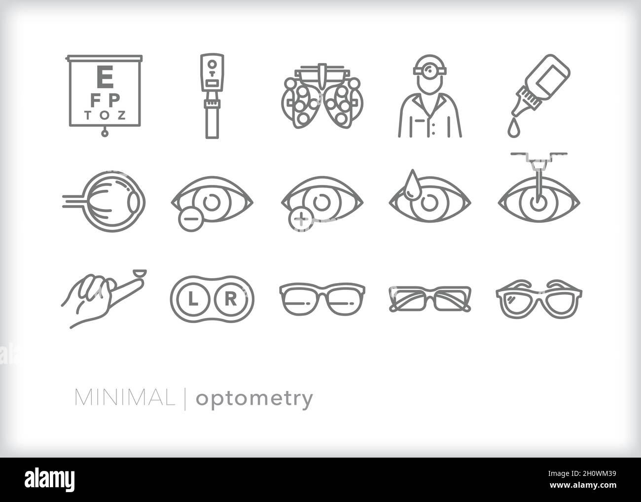 Set of optometry icons for an optometrist doing an annual eye exam looking at vision health Stock Vector