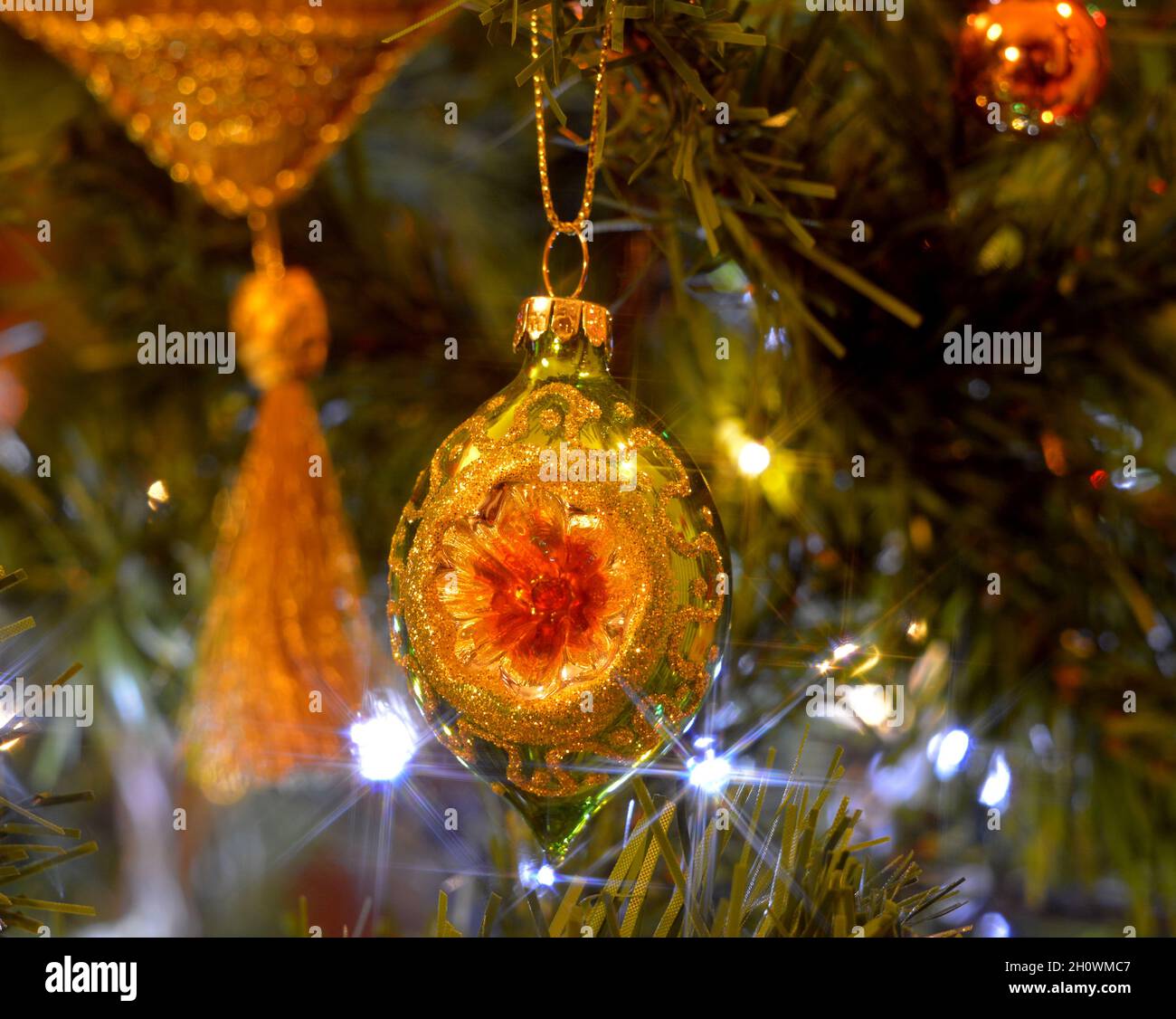 Christmas tree lights and decorations Stock Photo Alamy