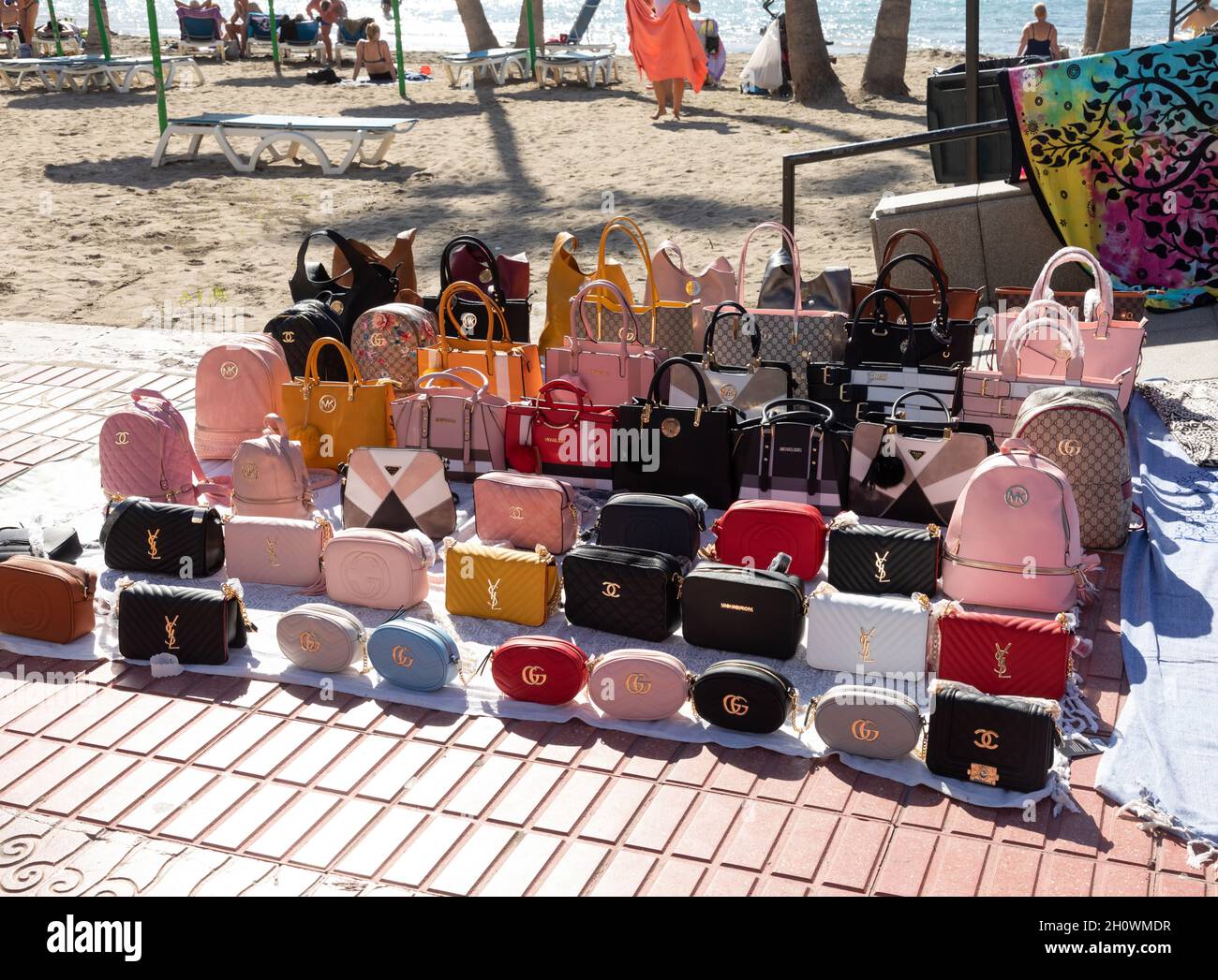 counterfeit designer brand handbags on sale in Costa Adeje, Tenerife Stock Photo