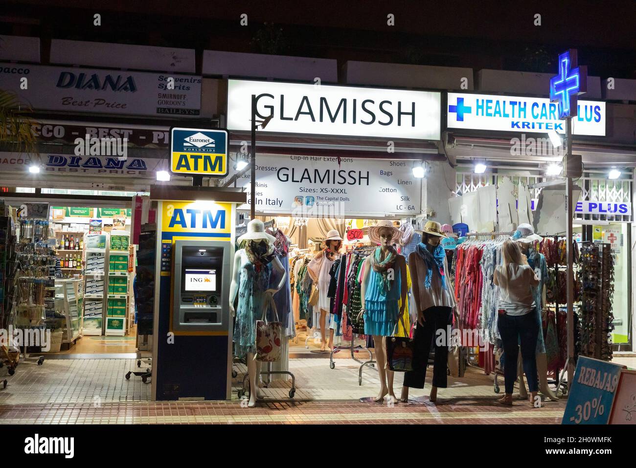 stores in Playa de Los Cristianos in Tenerife Stock Photo