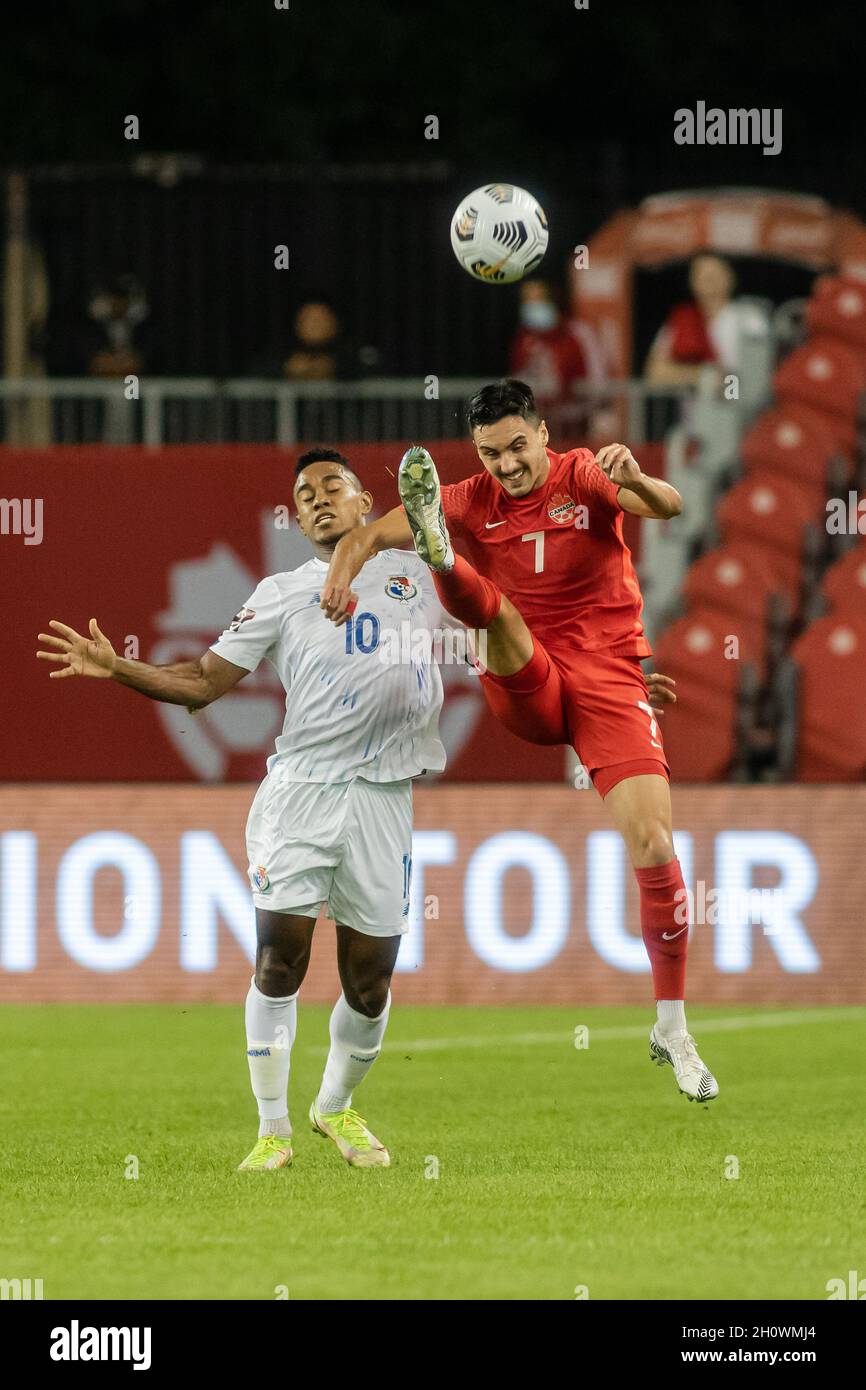 Toronto, Canada, October 13, 2021: Stephen Eustáquio, No.7, of Team Canada in action against Édgar Bárcenas, No.10, of Team Panama during the CONCACAF FIFA World Cup Qualifying 2022 at BMO Field in Toronto, Canada. Canada won the match 4-1. Credit: Phamai Techaphan/Alamy Live News Stock Photo