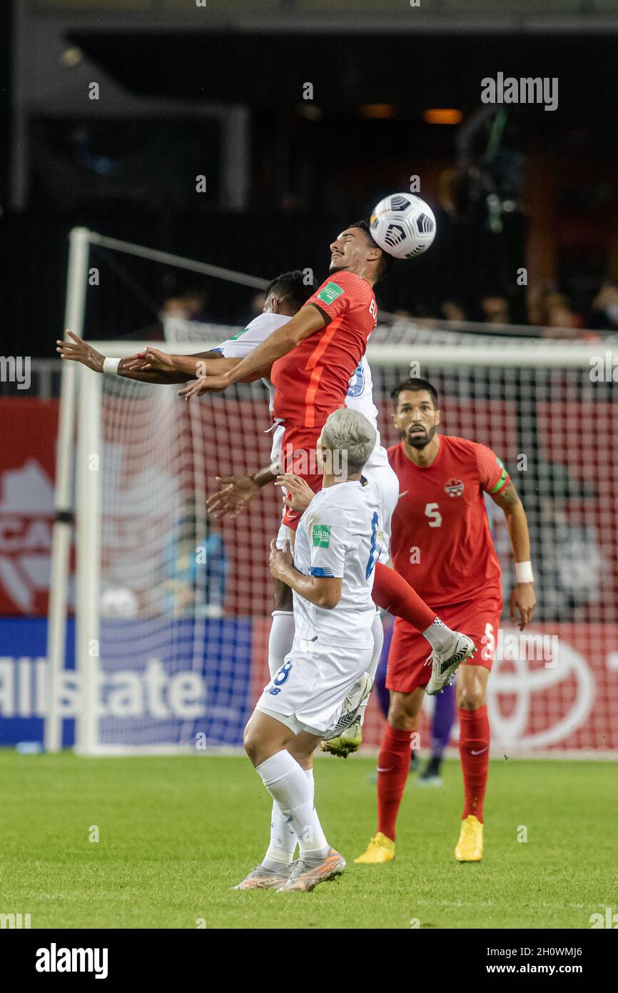 Toronto, Canada, October 13, 2021: Stephen Eustáquio (middle) in action against two players (white) of Team Panama during the CONCACAF FIFA World Cup Qualifying 2022 match at BMO Field in Toronto, Canada. Canada won the match 4-1. Credit: Phamai Techaphan/Alamy Live News Stock Photo