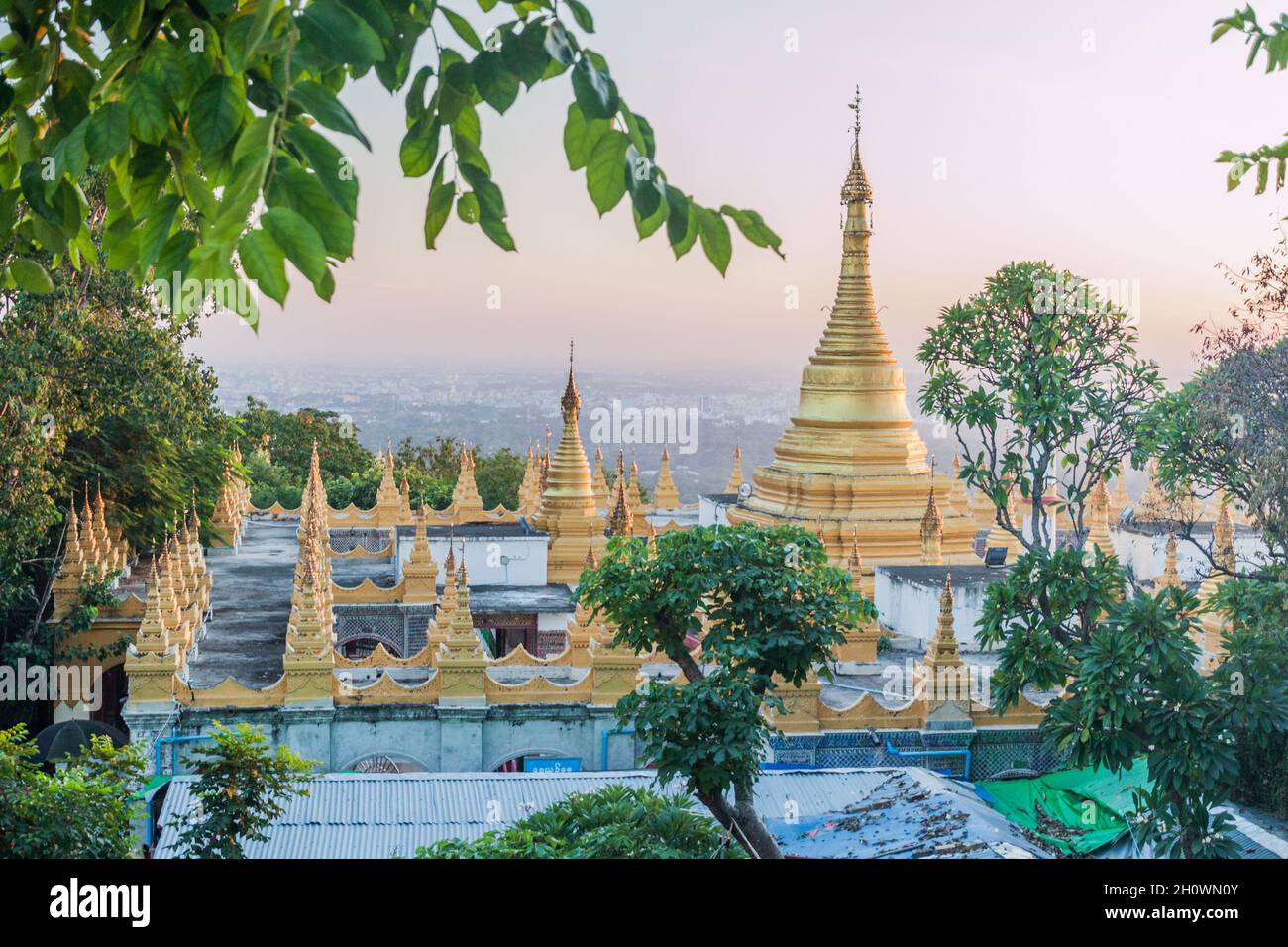 Stupas at Myatsawnyinaung Ordination hall at Mandalay hill, Myanmar Stock Photo